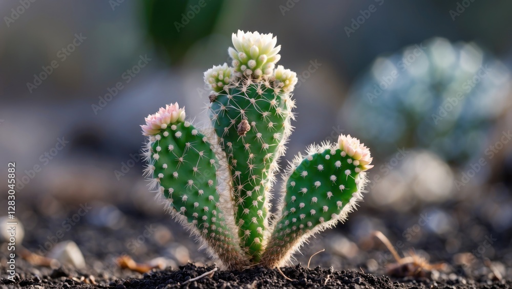 Poster cactus seedling with blooming tips in natural environment and empty copy space for text ideal for ga