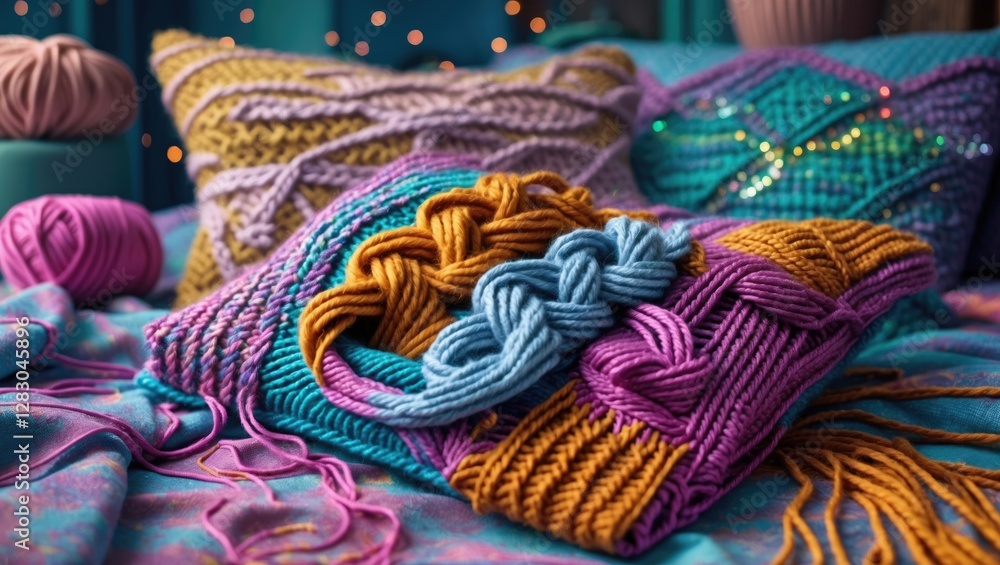 Aufkleber colorful knitted pillows with intricate patterns arranged on a vibrant textile background with yarn 