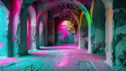 Colorful abstract background of textured cement plaster walls in a unique architectural space with arches and dramatic lighting effects.