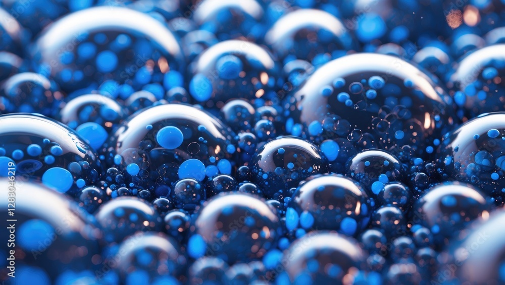 Poster blue abstract background with close-up view of spherical bubbles featuring varying shades and reflec