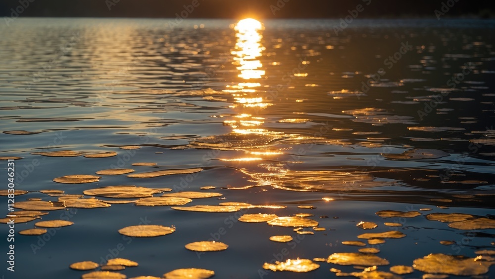 Poster sunlight reflecting on a lake with floating leaves creating a serene water surface at dawn or dusk.
