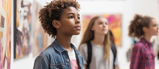 Obraz premium Diverse teenagers attentively observing modern art in gallery with colorful abstract paintings on walls showcasing curiosity and engagement