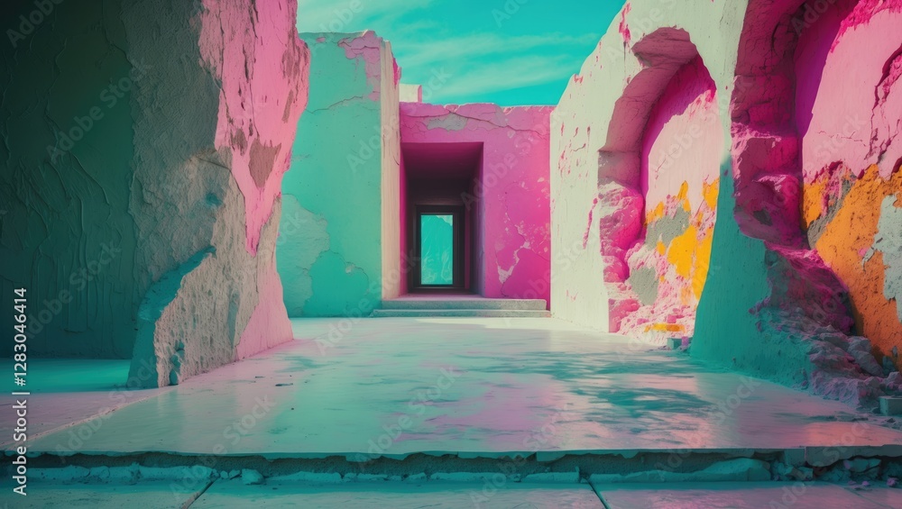 Aufkleber vibrant abstract architectural space with textured cement walls in pastel colors creating a unique a