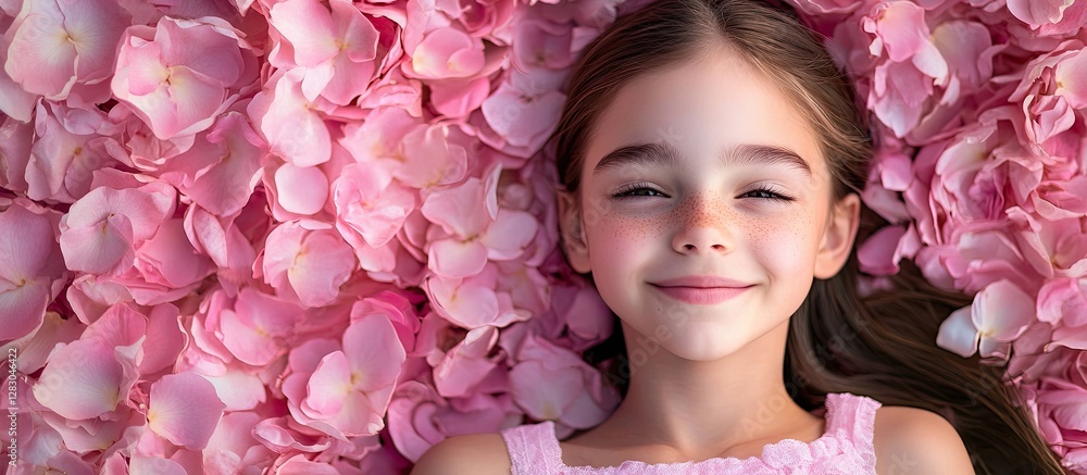 Poster close-up view of a smiling girl surrounded by soft pink rose petals creating a serene atmosphere amp