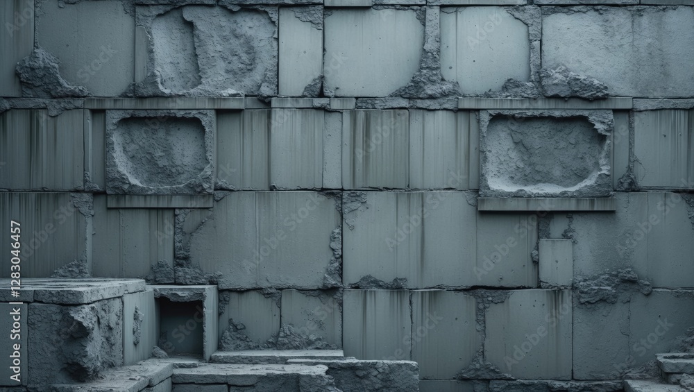 Poster textured concrete wall with rough surfaces and empty rectangular recesses in a muted color palette.