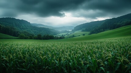 Fototapeta premium Green maize fields sway in the wind on a stormy summer day. The valley is surrounded by mountains with forests.