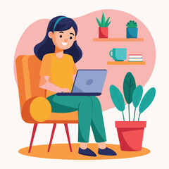 a girl is using his laptop vector	
