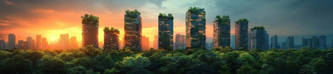 Futuristic Urban Architecture with Green Rooftops at Sunset. Generative AI