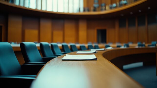 A legislative hall with officials discussing national security measures. Featuring global safety and defense