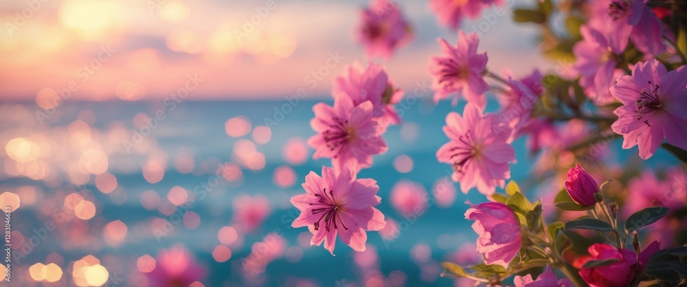 Poster blossoming flowers in soft bokeh with a serene sea backdrop during sunset creating a tranquil and dr