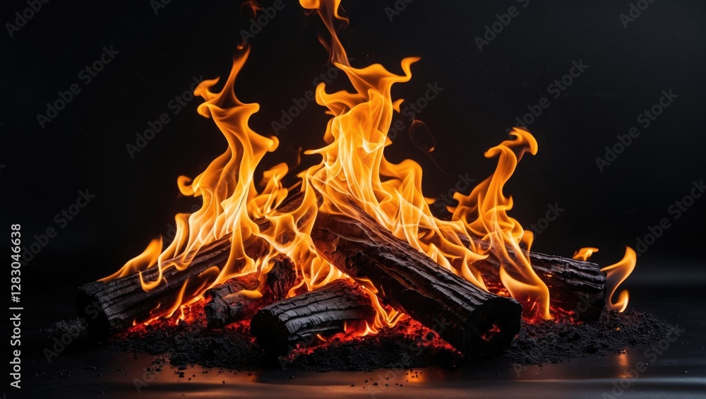 Poster vibrant flames dancing over a stack of logs creating a striking contrast against a dark background i
