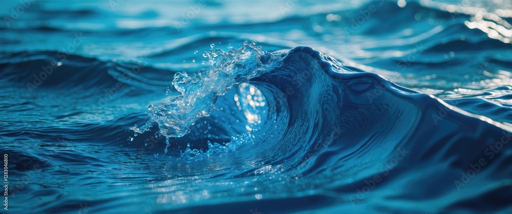 Poster close-up of a curling ocean wave with crystal clear water and sunlight reflecting on the surface cre