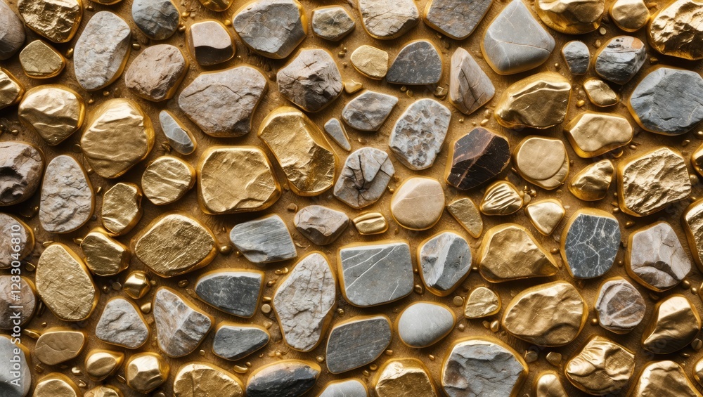 Poster textured background of pebbles and stones with gold and gray hues arranged in a mosaic pattern on a 