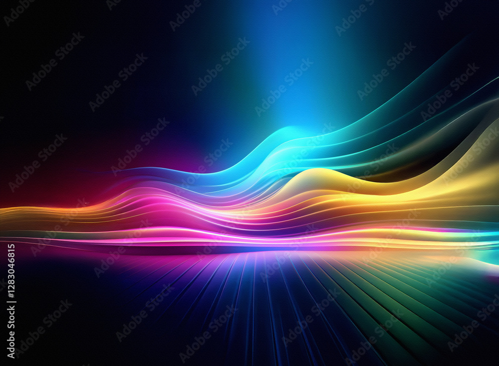Poster abstract waves of vibrant light flow across a dark background, creating a dynamic and colorful scene