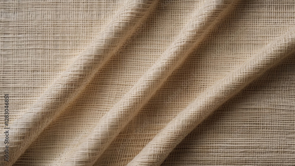 Poster beige textured fabric with a grid pattern folded in layers showcasing intricate weaving details