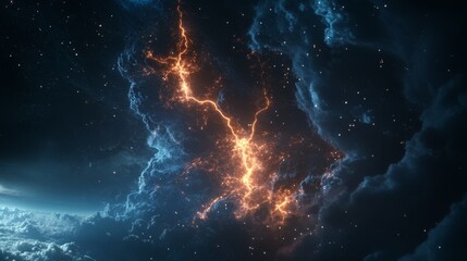 Fototapeta premium Lightning illuminates the dark night sky during a thunderstorm. This image represents weather events and natural disasters like hurricanes, typhoons, and tornadoes.