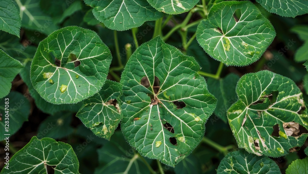 Poster close-up of large green leaves with intricate patterns and some natural imperfections on a backgroun