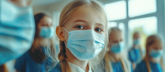 Elementary schoolchildren with protective face masks in a bright classroom setting, focused on a girl in the foreground with a soft expression.