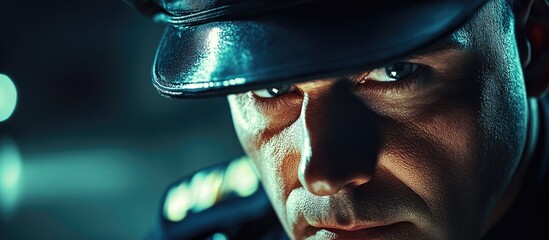 Close-up of a focused police officer with a dedicated expression, wearing a dark cap and uniform, against a blurred blue-green background.