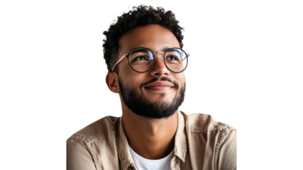Man with glasses smiles thoughtfully indoors