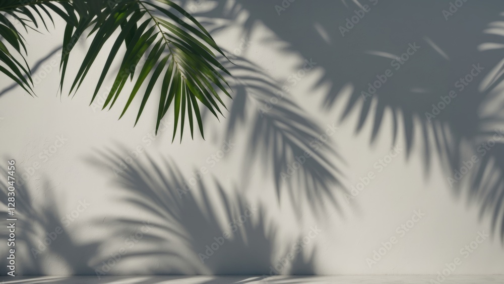 Poster palm leaf shadows creating a minimalistic abstract background on a wall, ideal for product presentat