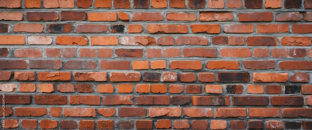 Poster textured red brick wall showcasing a classic brickwork pattern with a mix of colors and sizes, ideal