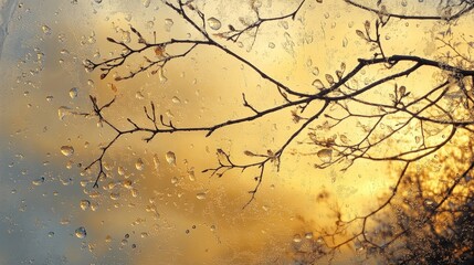 Raindrops trickle down on the car window, with tree branches waving in the breeze beyond.