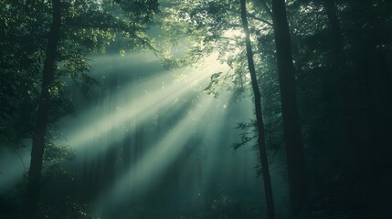 Sunlight filtering through dense forest, serene natural scene with tall trees and soft green hues, perfect for meditation or nature themes.