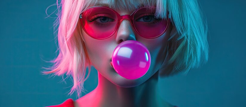 Stylish young woman with short blonde hair blowing pink bubble gum in vibrant pink sunglasses against a cool blue and pink background
