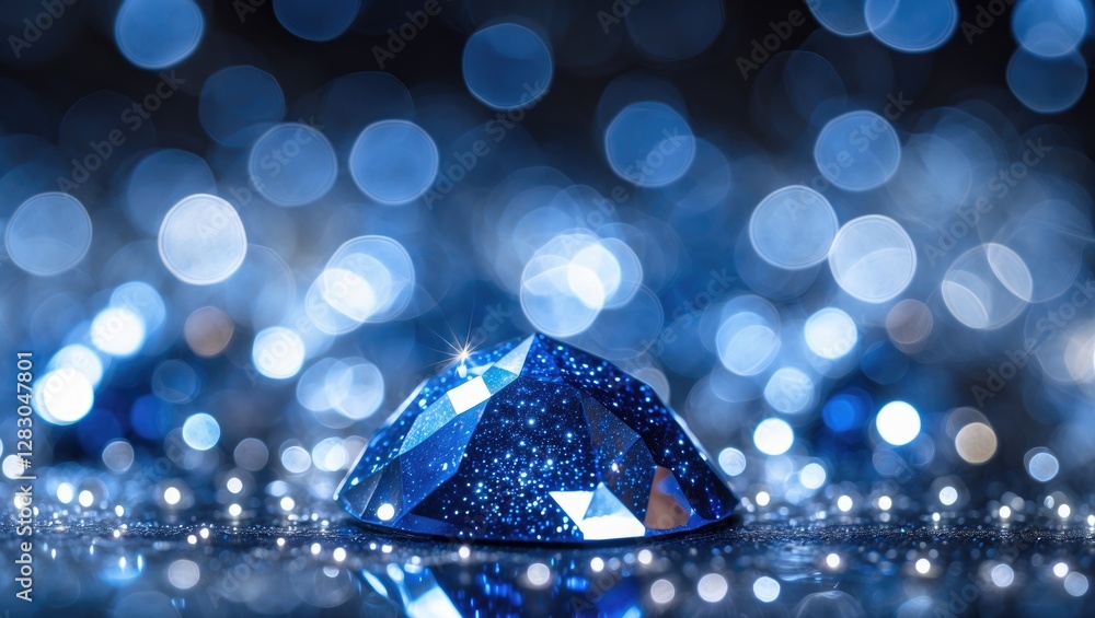 Poster glittering blue gemstone with sparkling bokeh background creating a dreamy and elegant atmosphere su