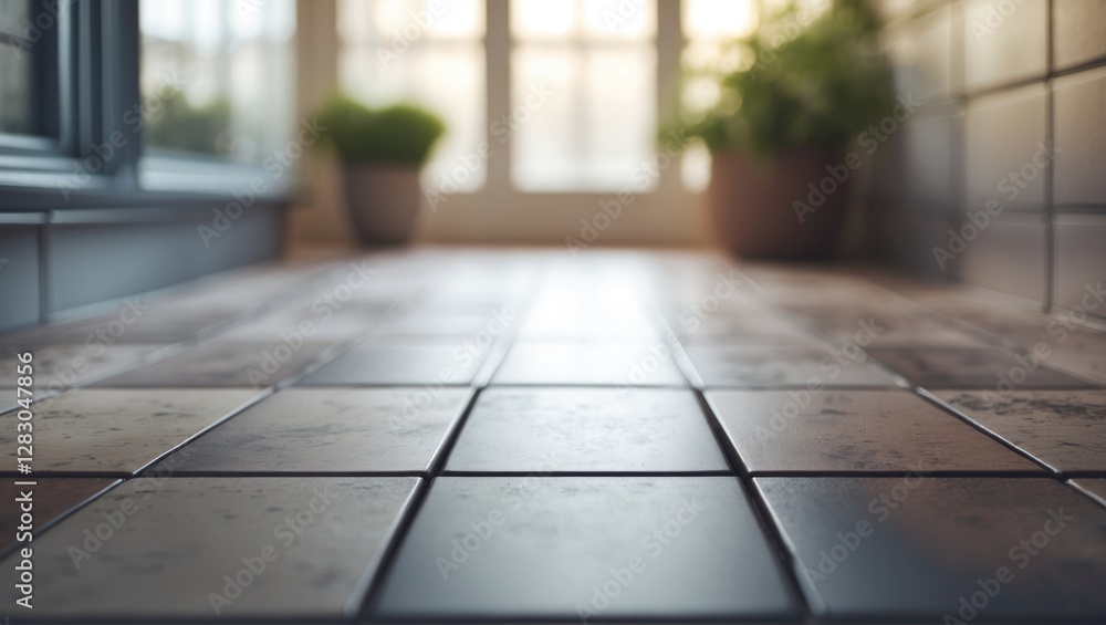 Poster indoor perspective of a stylish tiled floor with natural light illuminating the space and greenery i