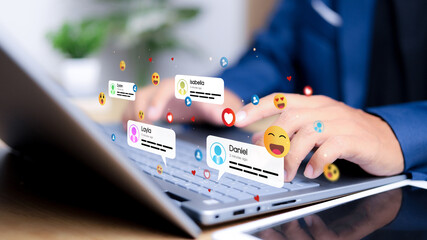 Social media and digital online concept, man using smart phone with Social media. online marketing, technology, chat, post, like, follow at phone screen.
