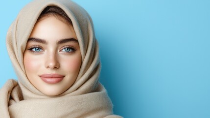 Obraz premium Woman in light beige hijab, studio portrait, natural beauty, serene expression, perfect skin, use for fashion, beauty, and culture marketing