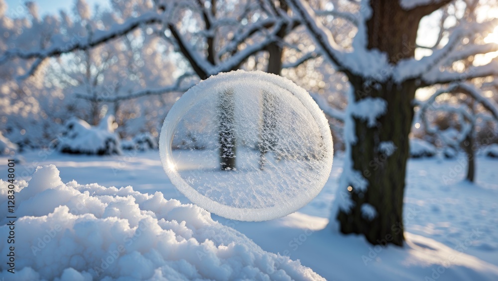 Poster frozen soap bubble resting on a snow-covered surface with snow-laden trees in the background during 