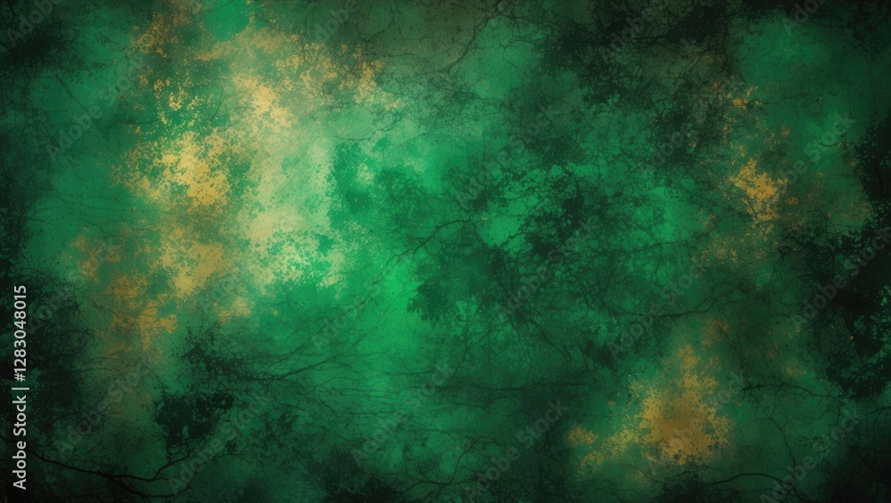 Poster textured abstract background in various shades of green with subtle golden highlights and dark patte