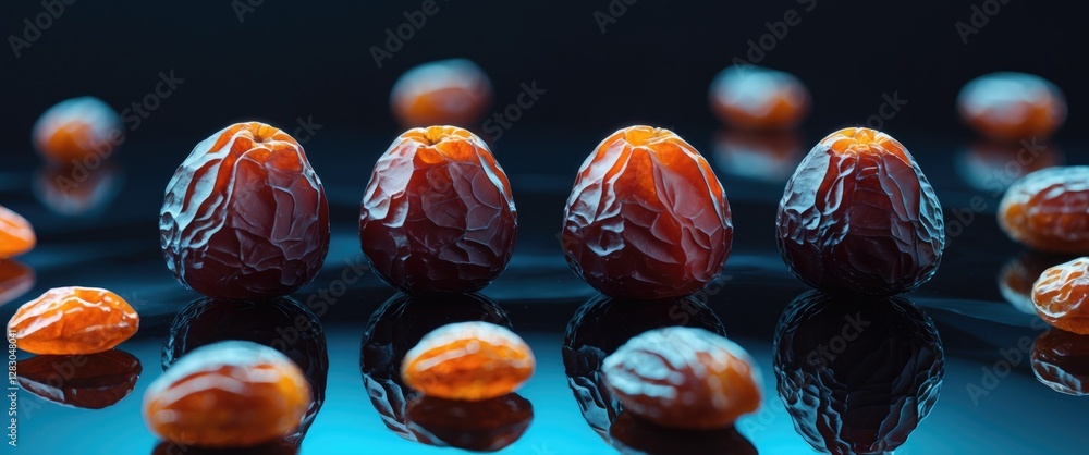 Poster assorted dried fruits including dates and raisins arranged on a reflective surface with a dark backg