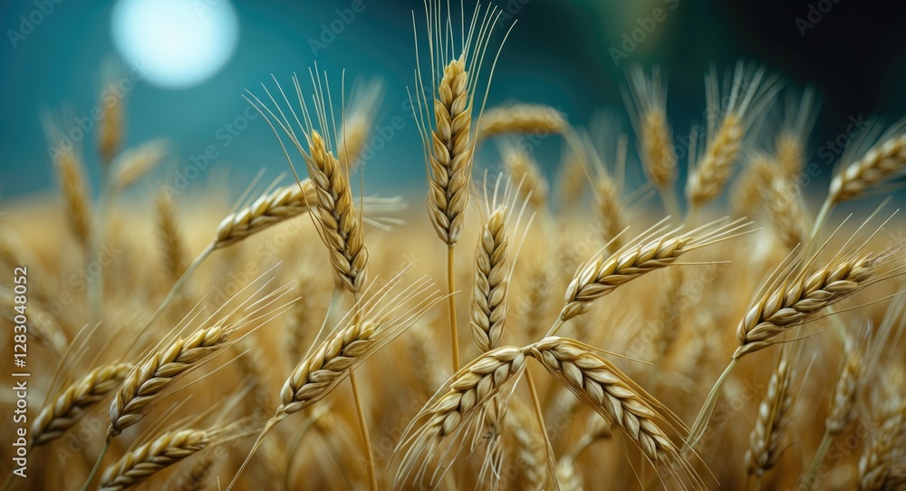 Poster close-up of golden wheat ears in a field against a blurred background with bokeh effect depicting ag