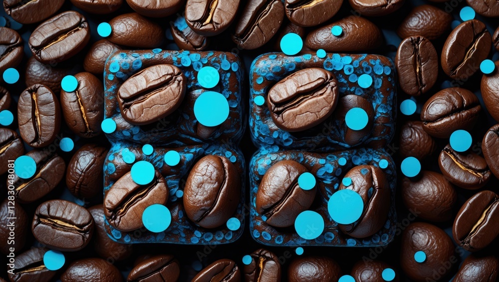 Poster coffee beans and chocolate squares with blue dots on a dark surface, creating a textured and colorfu