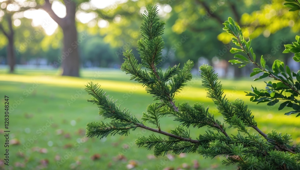 Poster close-up of a thuja branch in summer with a blurred park background showcasing lush greenery and sun