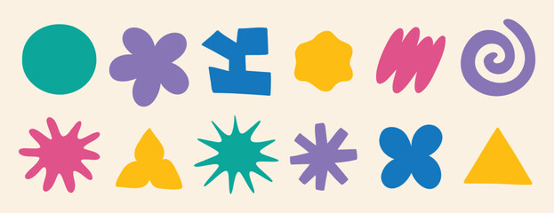 clouds and flower shapes sticker doodle retro set. Groovy funky flower, bubble, star, loop, waves trendy retro 90s 00s cartoon style.