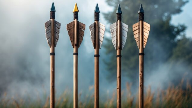 Five decorative wooden arrows with various colored tips arranged in a foggy outdoor setting.