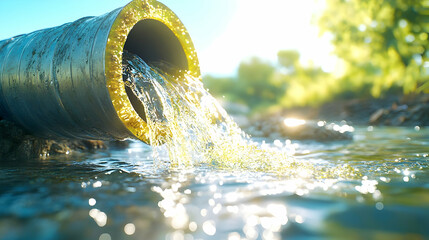 Wastewater discharge into a stream; sunlight; lush green background; environmental pollution concern; stock photo for environmental reports