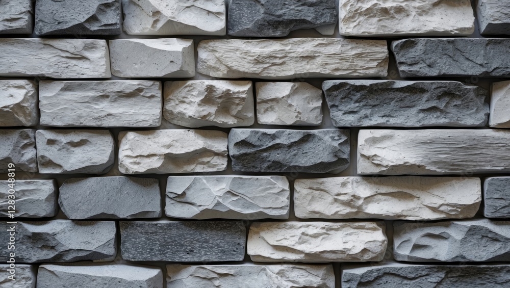 Poster textured wall made of irregular shaped gray and white stone bricks arranged in a horizontal pattern