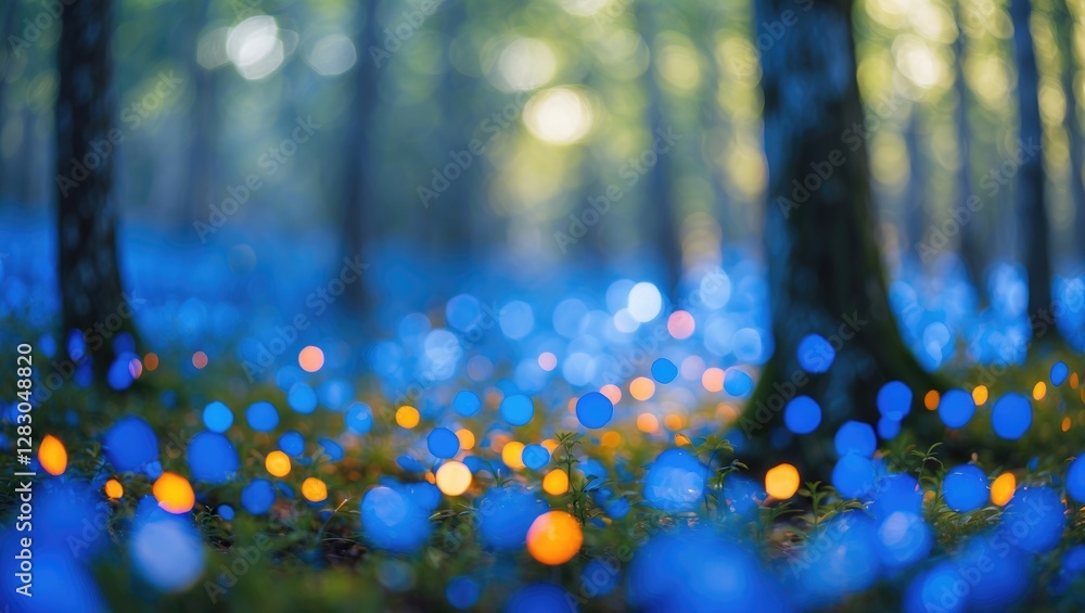 Poster enchanting blue bokeh background of a forest with ethereal lighting creating a serene and dreamy atm