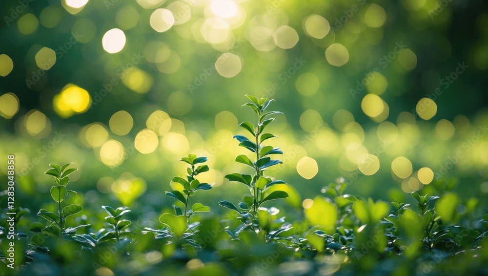 Poster lush green bokeh background with soft sunlight illuminating fresh leaves creating a serene and tranq