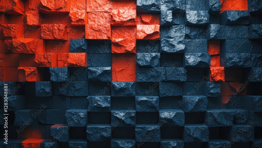Poster textured brick wall with red and blue color gradient featuring 3d cube shapes in a modern design sui