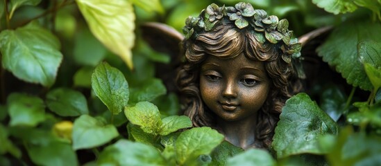 Small fairy statue with a serene expression, surrounded by rich green leaves and plants, adds charm and beauty to a lush garden setting.