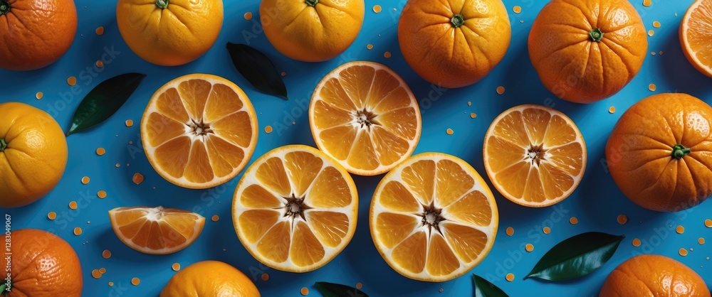 Poster assorted oranges on blue background with sliced pieces and green leaves view from above flat lay com