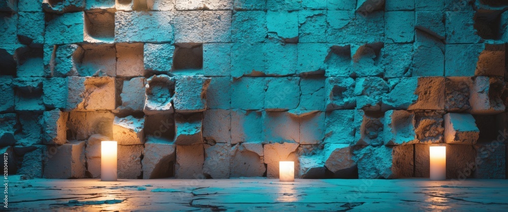 Aufkleber textured cement wall with turquoise lighting and illuminated blocks, creating a vintage backdrop ide