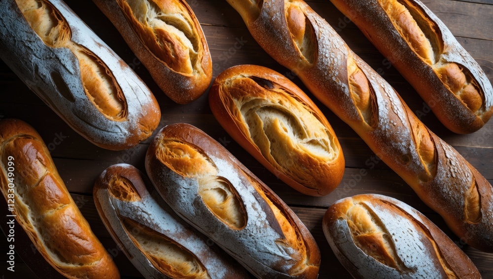 Poster artisan bread loaves assorted on wooden surface creating an inviting and rustic bakery background id